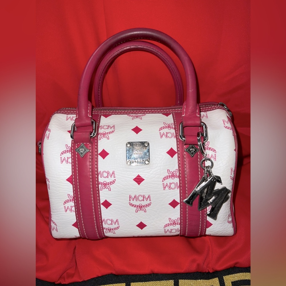 Red and White MCM Small Boston Satchel Bag w/ Brown Suede liner. MCM Monogram